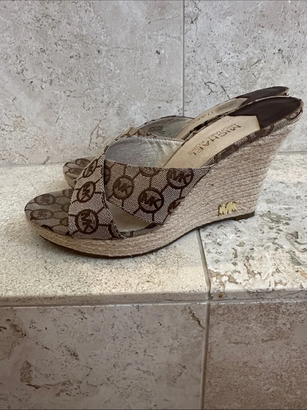 Michael Kors 7.5 Brown Logo Canvas Espadrille Wedge Sandals